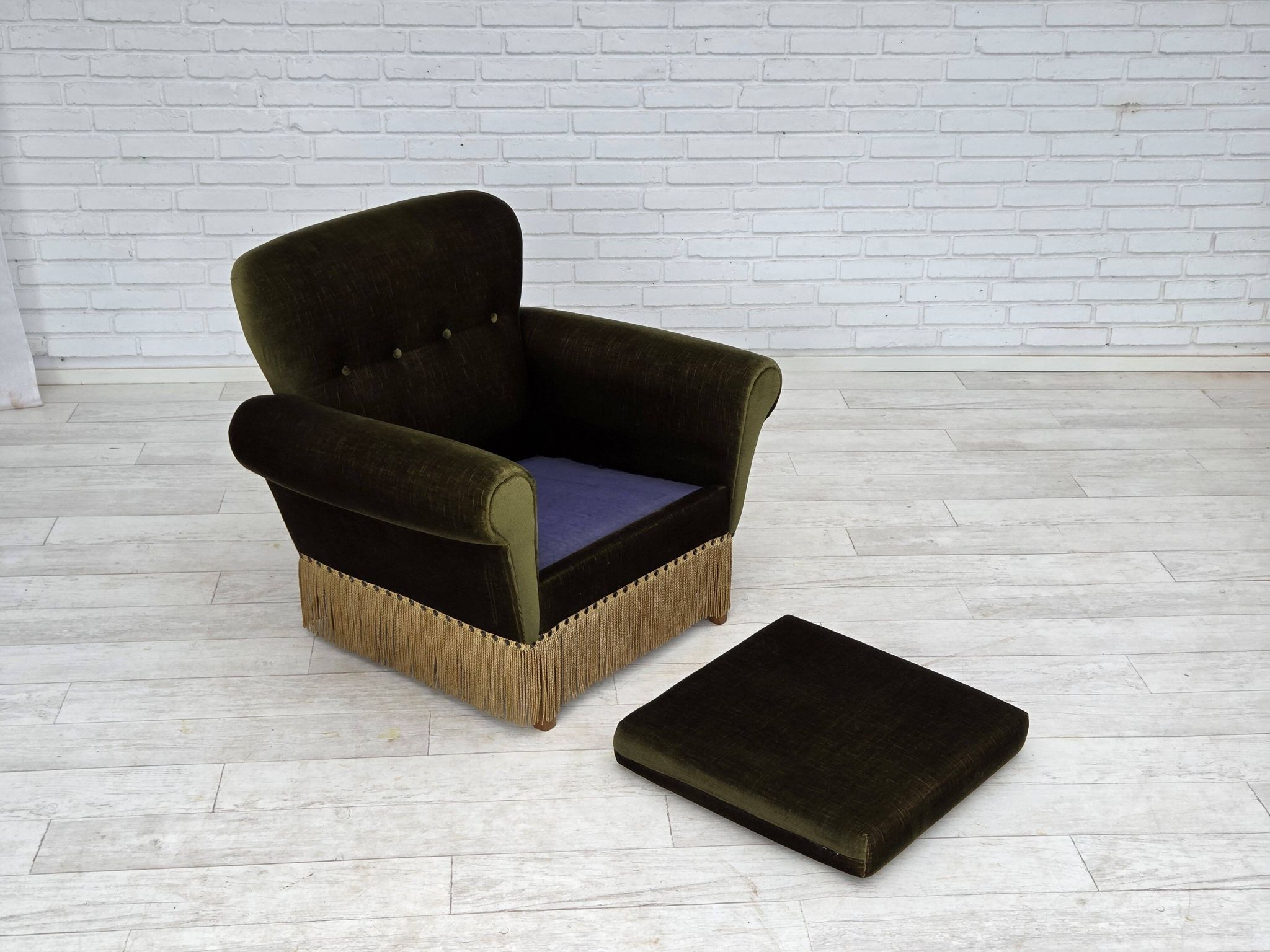 1970s, Danish lounge chair, low, furniture velour, ash wood legs.