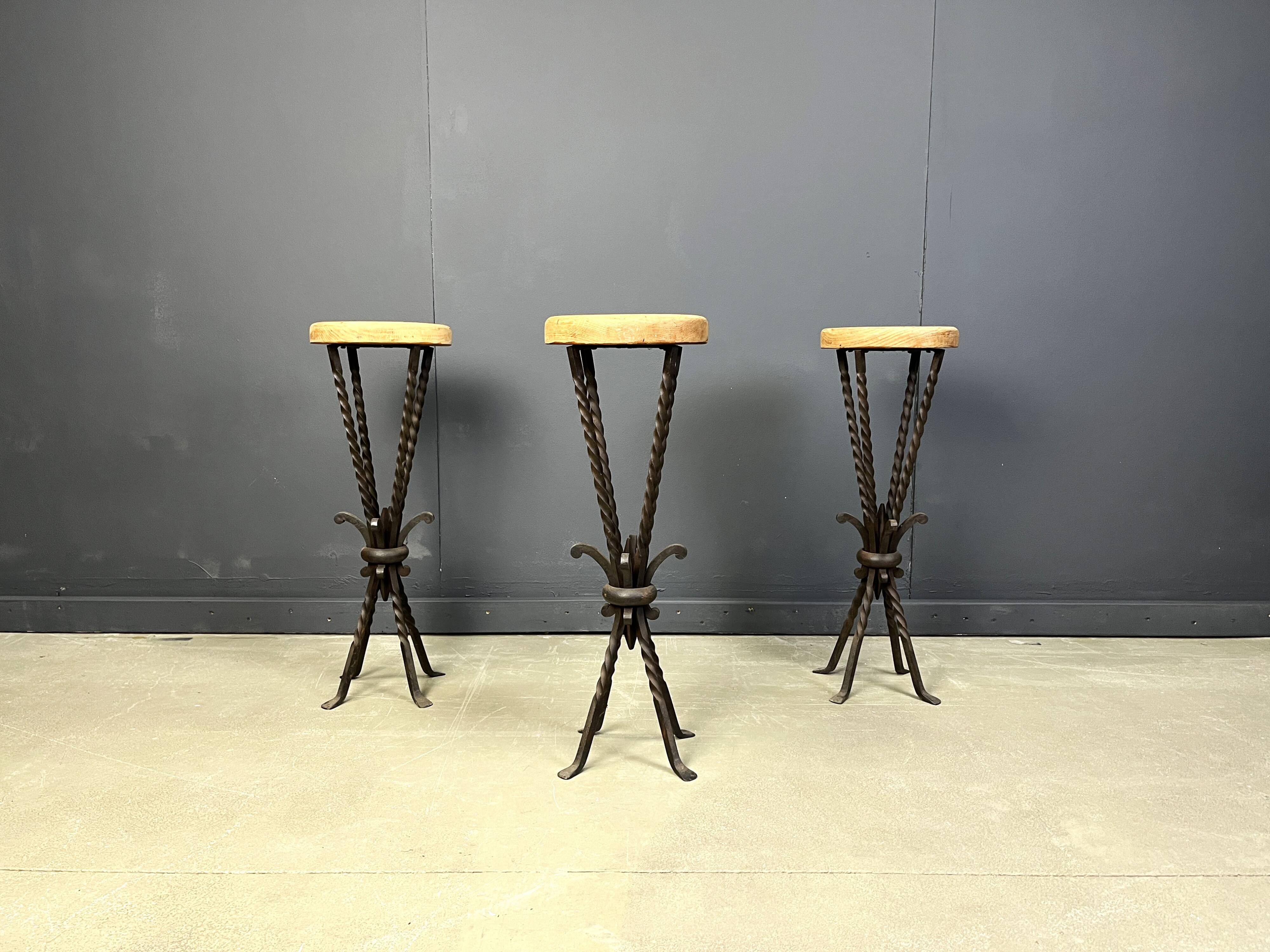 Vintage french wrought iron bar stools, 1960s - set of 3