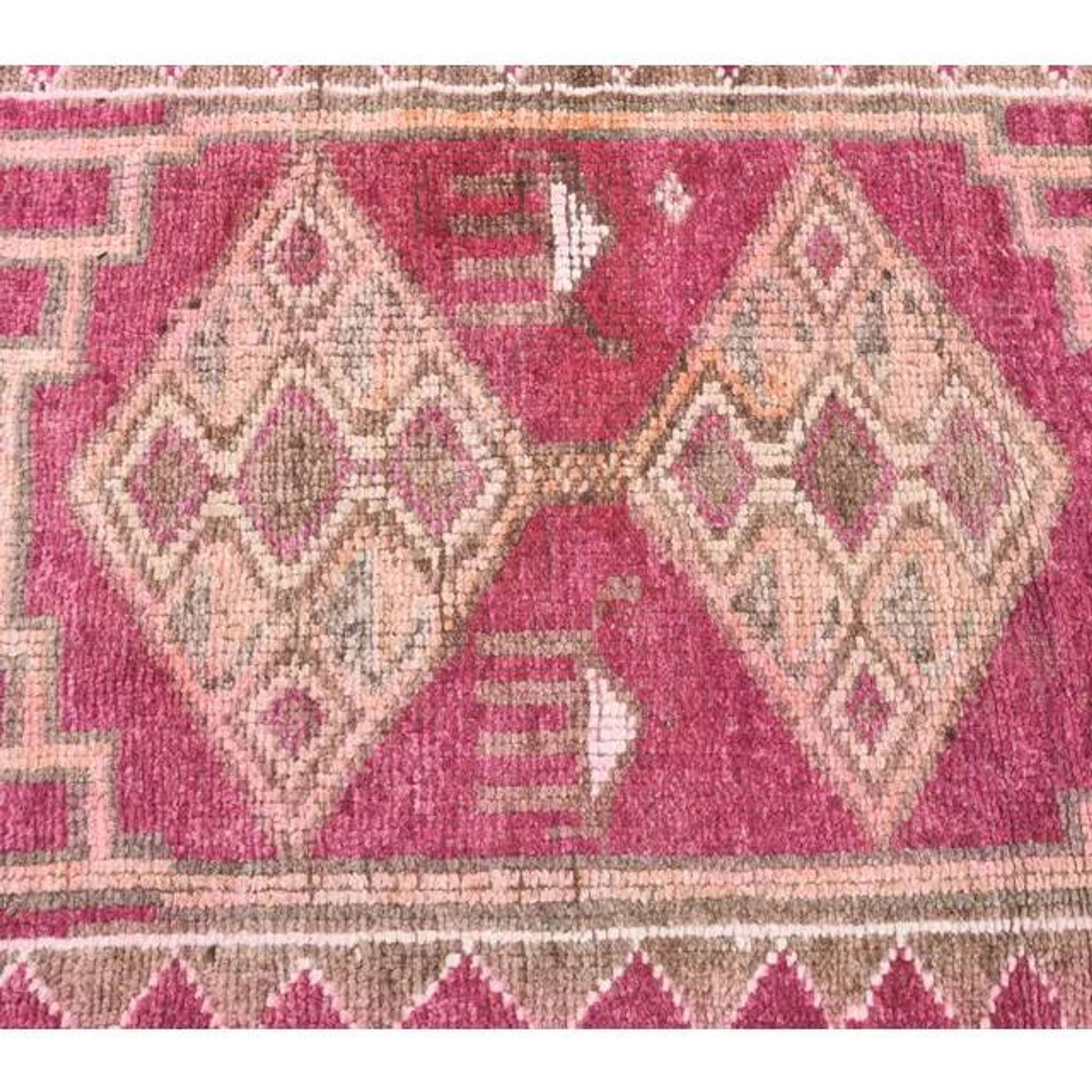 Vintage Pink Geometric Turkish Hand-Knotted Runner 80x361