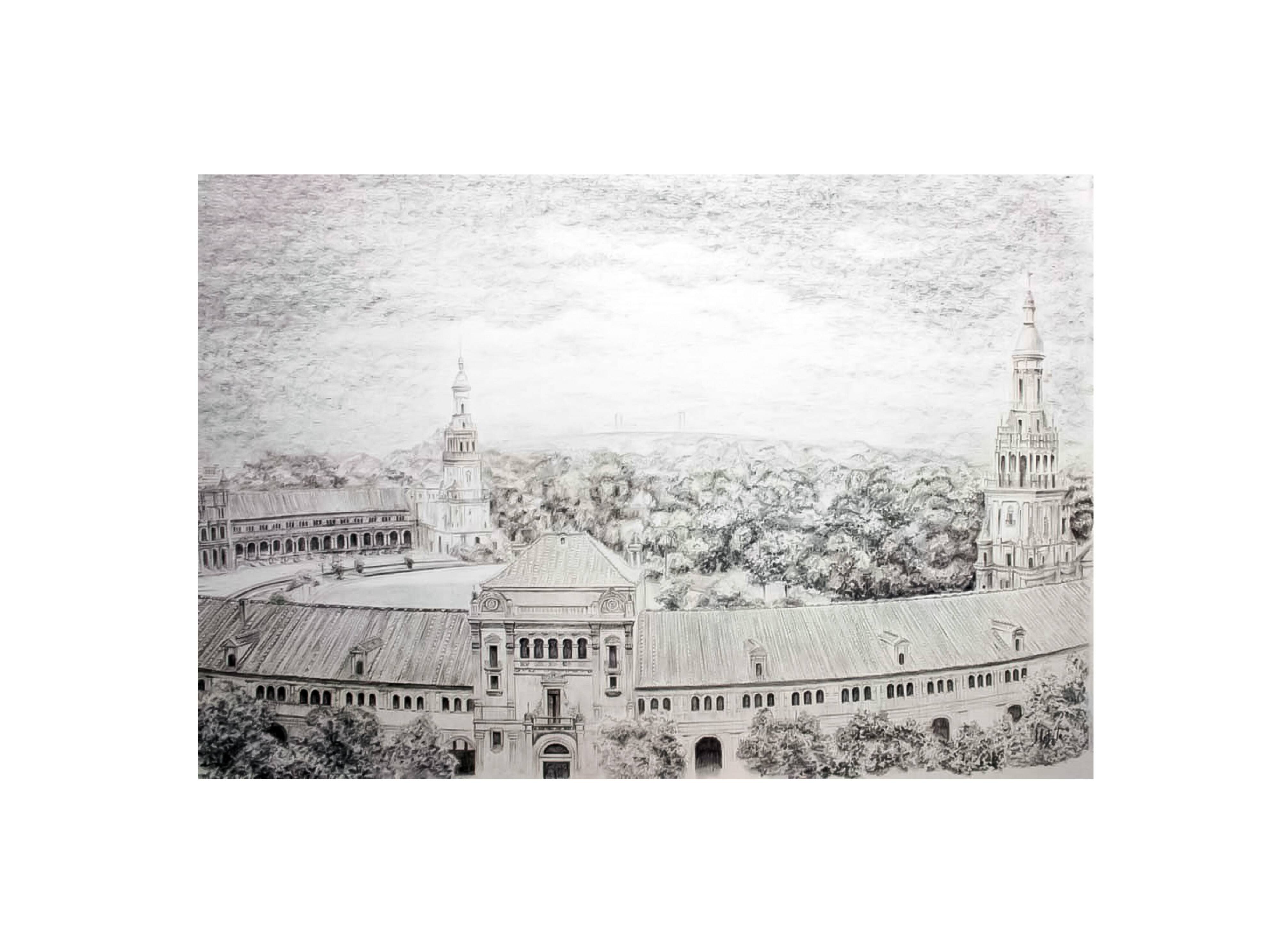 Plaza de España in Seville. Charcoal and graphite drawing. Seville Plaza de España.