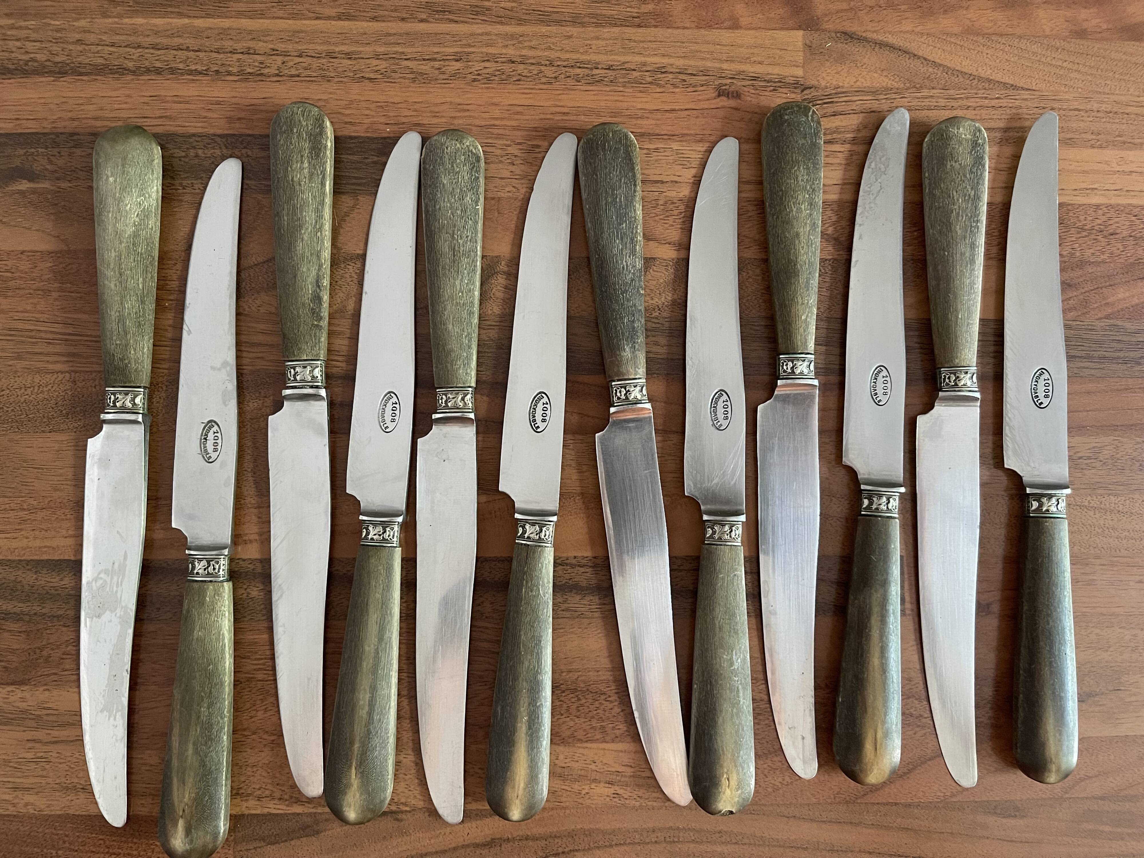 Set of 12 stainless steel knives with horn handles