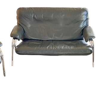De Sede vintage black leather lounge set (1 sofa - 2 armchairs)