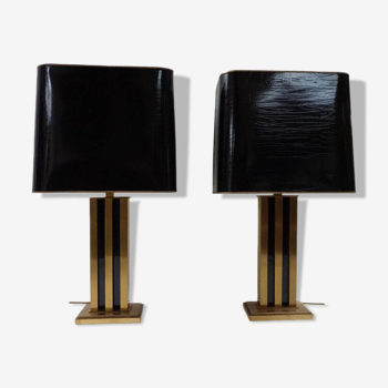 Pair of J.L.B.  Hollywood Regency Black Lacquer and Gold Brass Table Lamps, 1970s