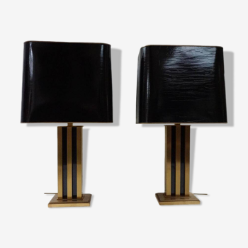 Paire de lampes de table JLB Hollywood Regency en laque noire et laiton doré, 1970s