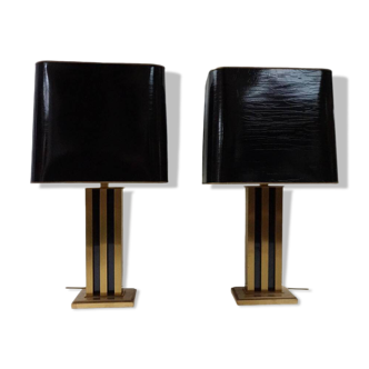 Pair of J.L.B.  Hollywood Regency Black Lacquer and Gold Brass Table Lamps, 1970s