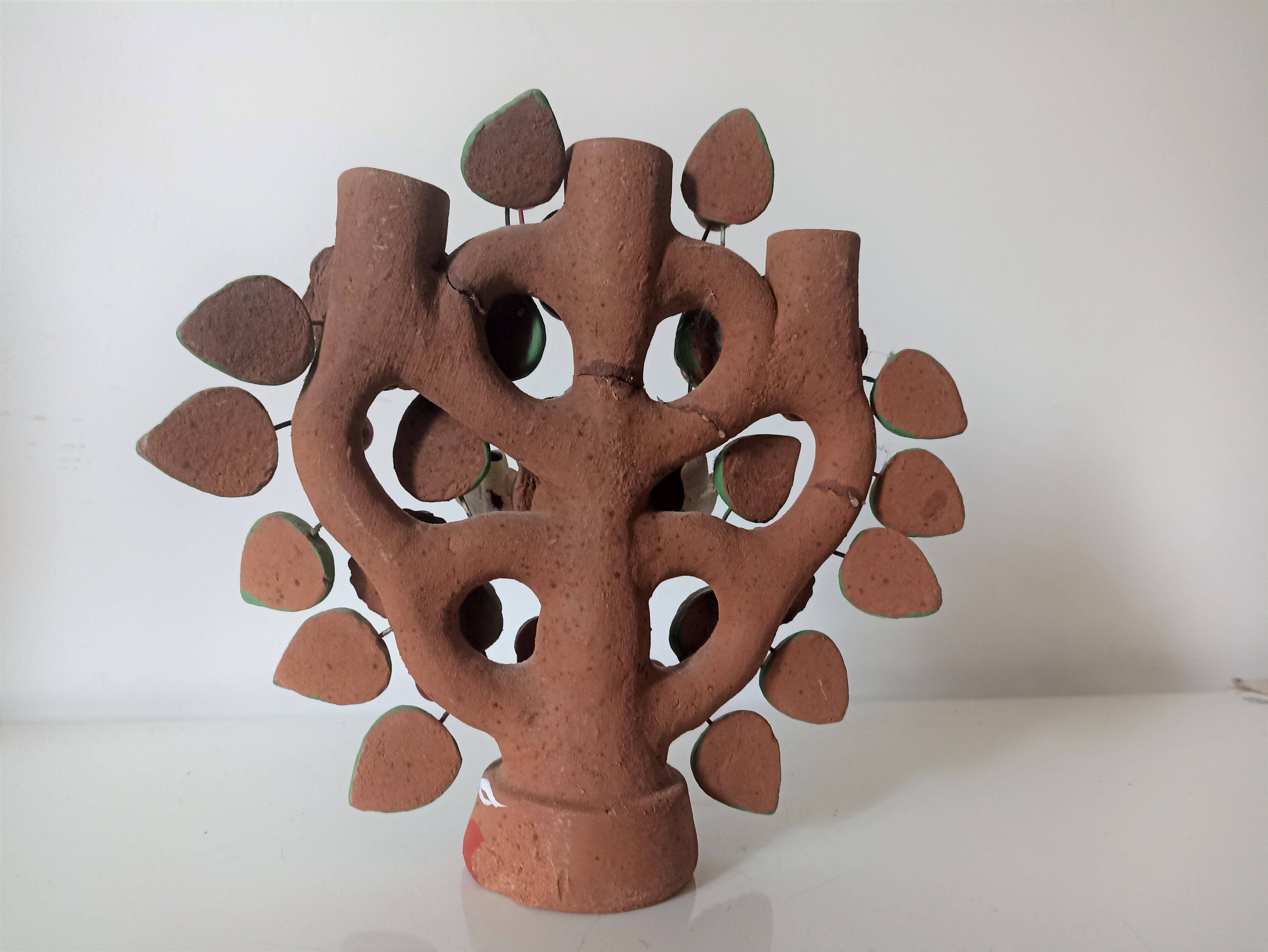 Mexican Vintage Candlestick Tree of Life Handmade Pottery