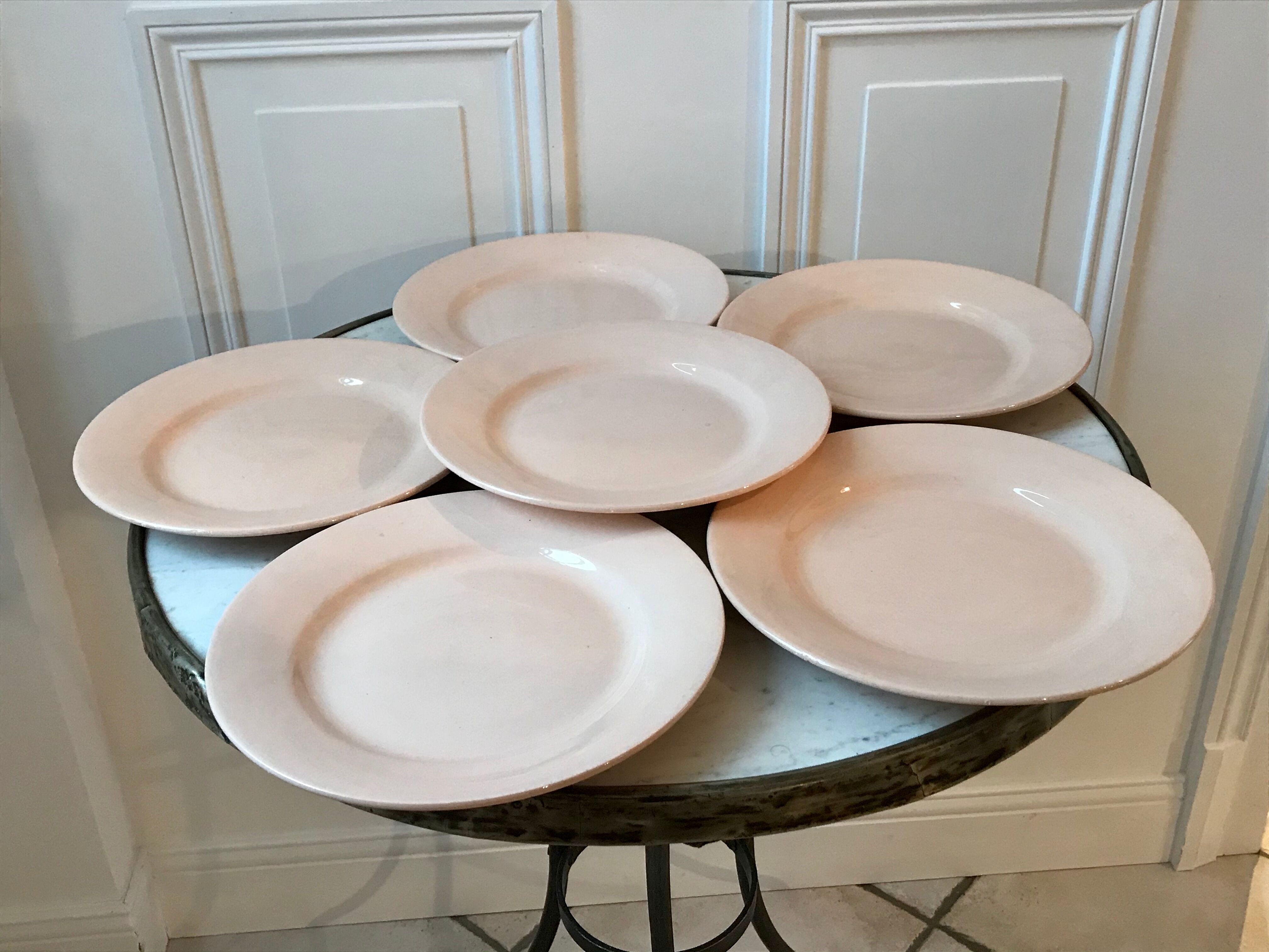 Set of 6 flat plates Digoin Sarreguemines pale pink 50s