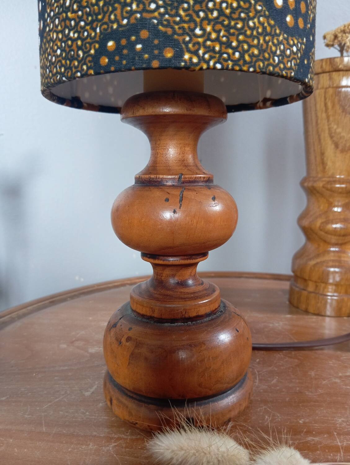 Vintage turned wood table lamp, ethnic chic wax drum lampshade