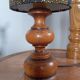 Vintage turned wood table lamp, ethnic chic wax drum lampshade