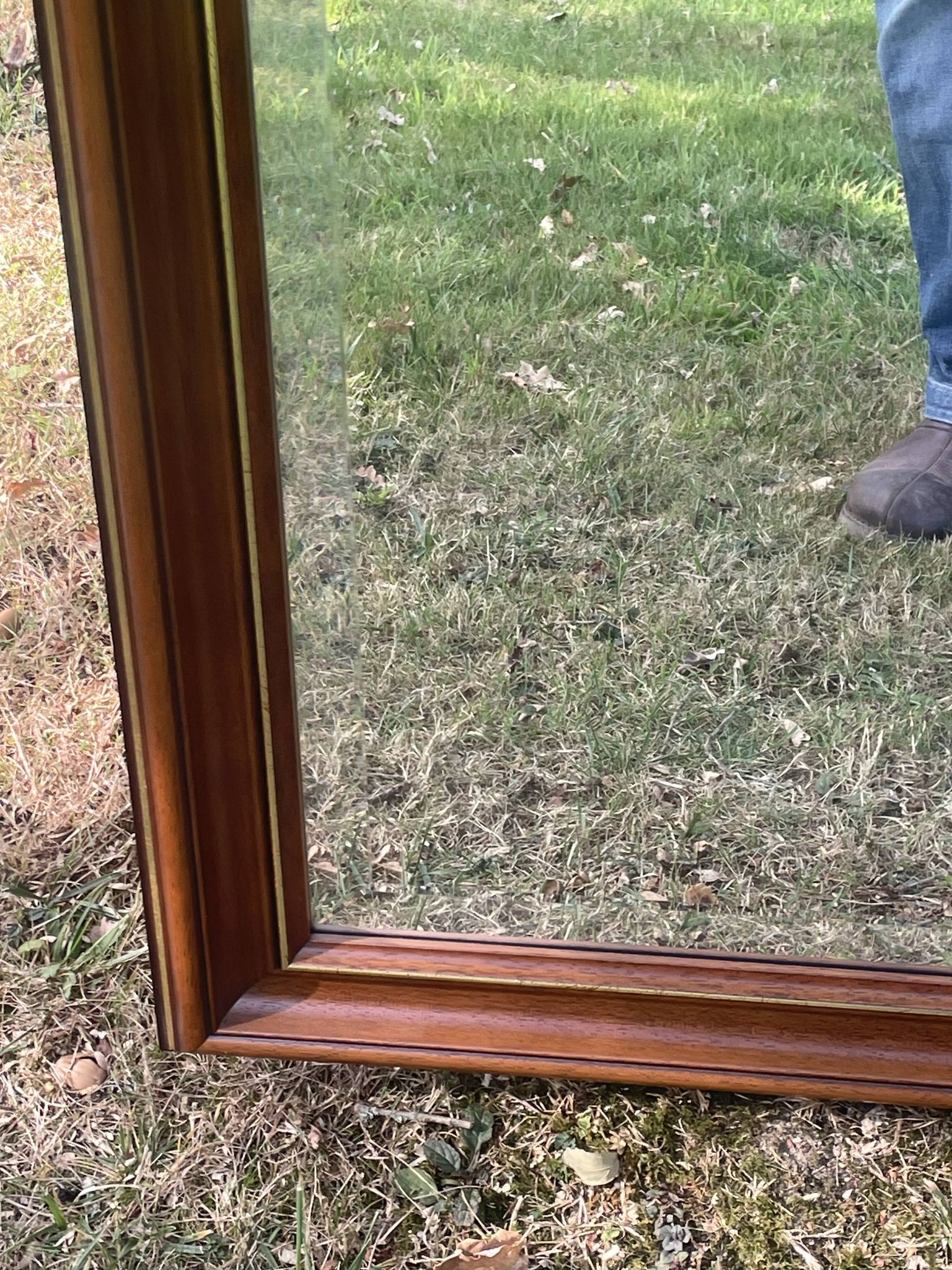 Large natural wood moulding mirror, gold fillet highlight, bevelled mirror, (La Gatvinière)