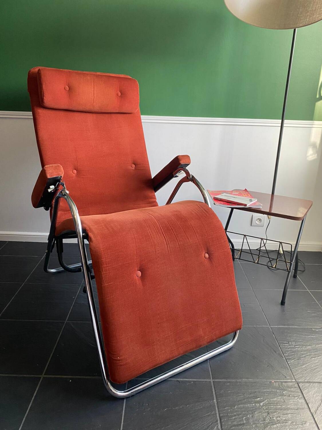 Relax armchair / chrome and velvet lounge chair produced by Lama 1970