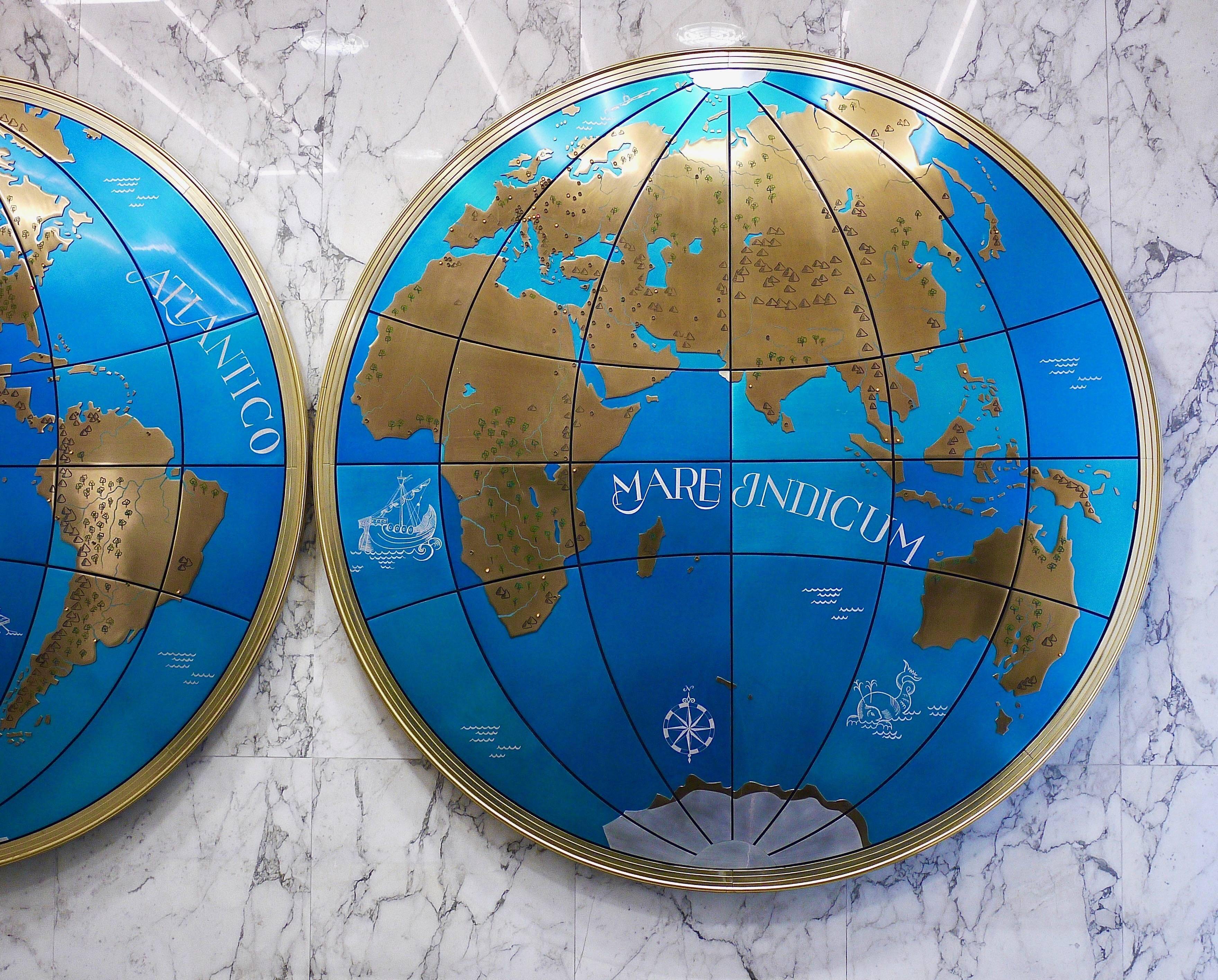 Impressive pair of two giant modern wall globes, world map, diameter 95 inches, 1950s.