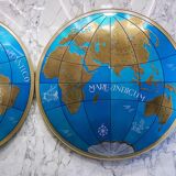 Impressive pair of two giant modern wall globes, world map, diameter 95 inches, 1950s.