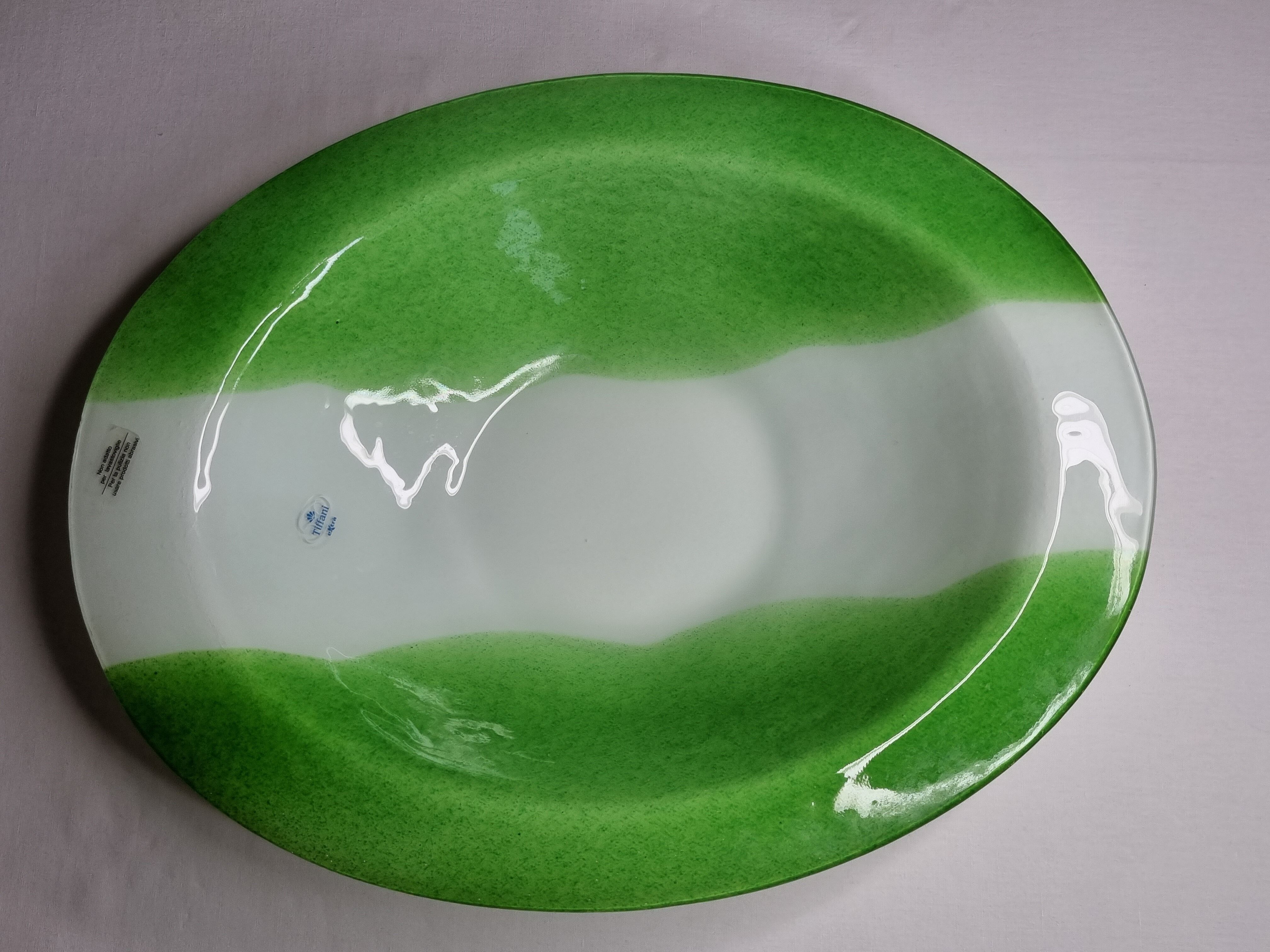 Plat décoratif ovale en pâte de verre, vert prairie et blanc, 45 cm