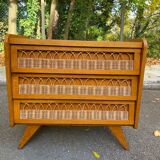 Commode scandinave en chêne et rotin des années 60