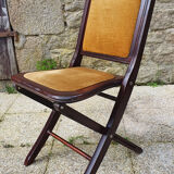 Folding chair, wood and vintage yellow ochre velvet