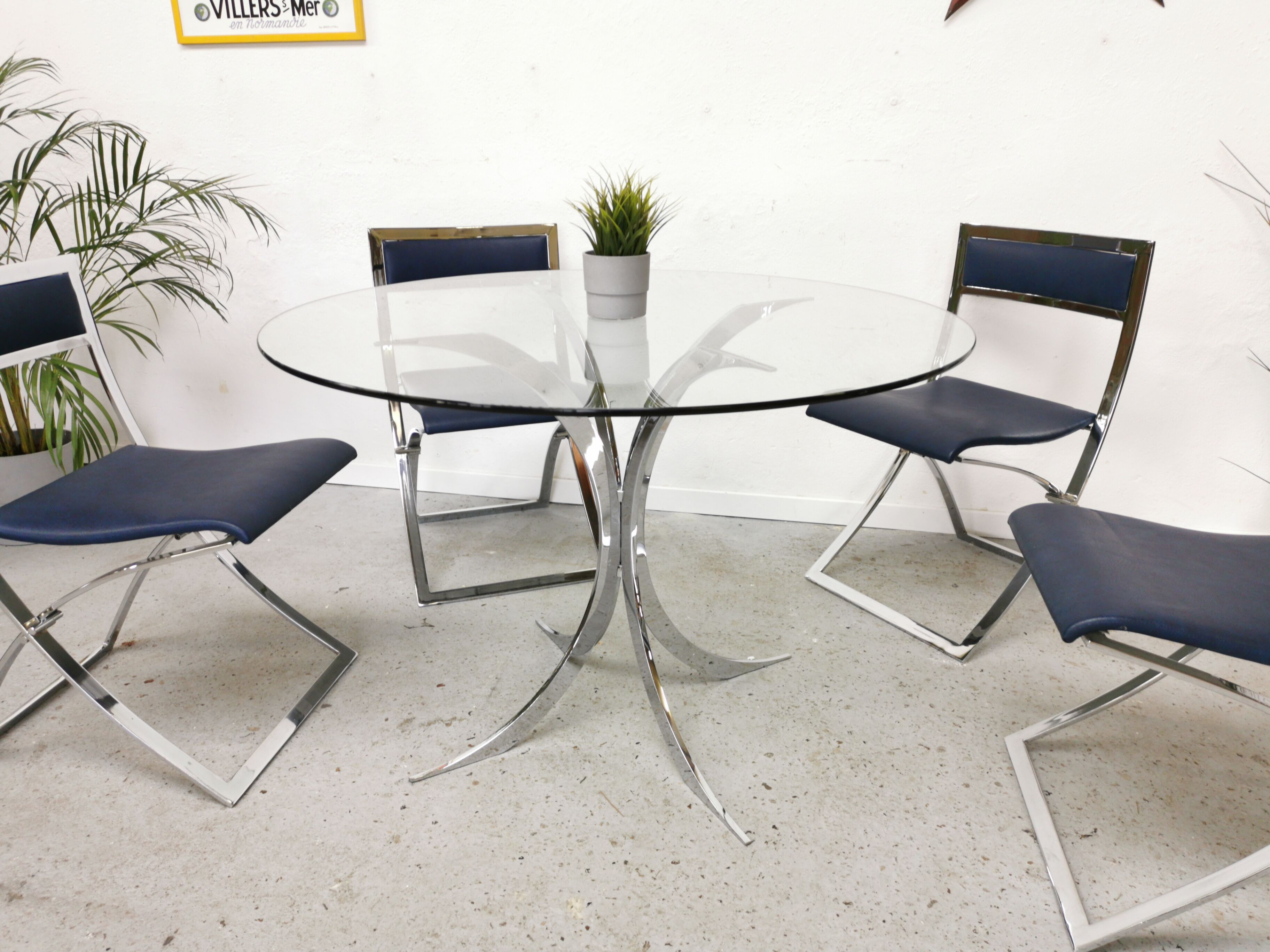 Table vintage verre et chrome 1970