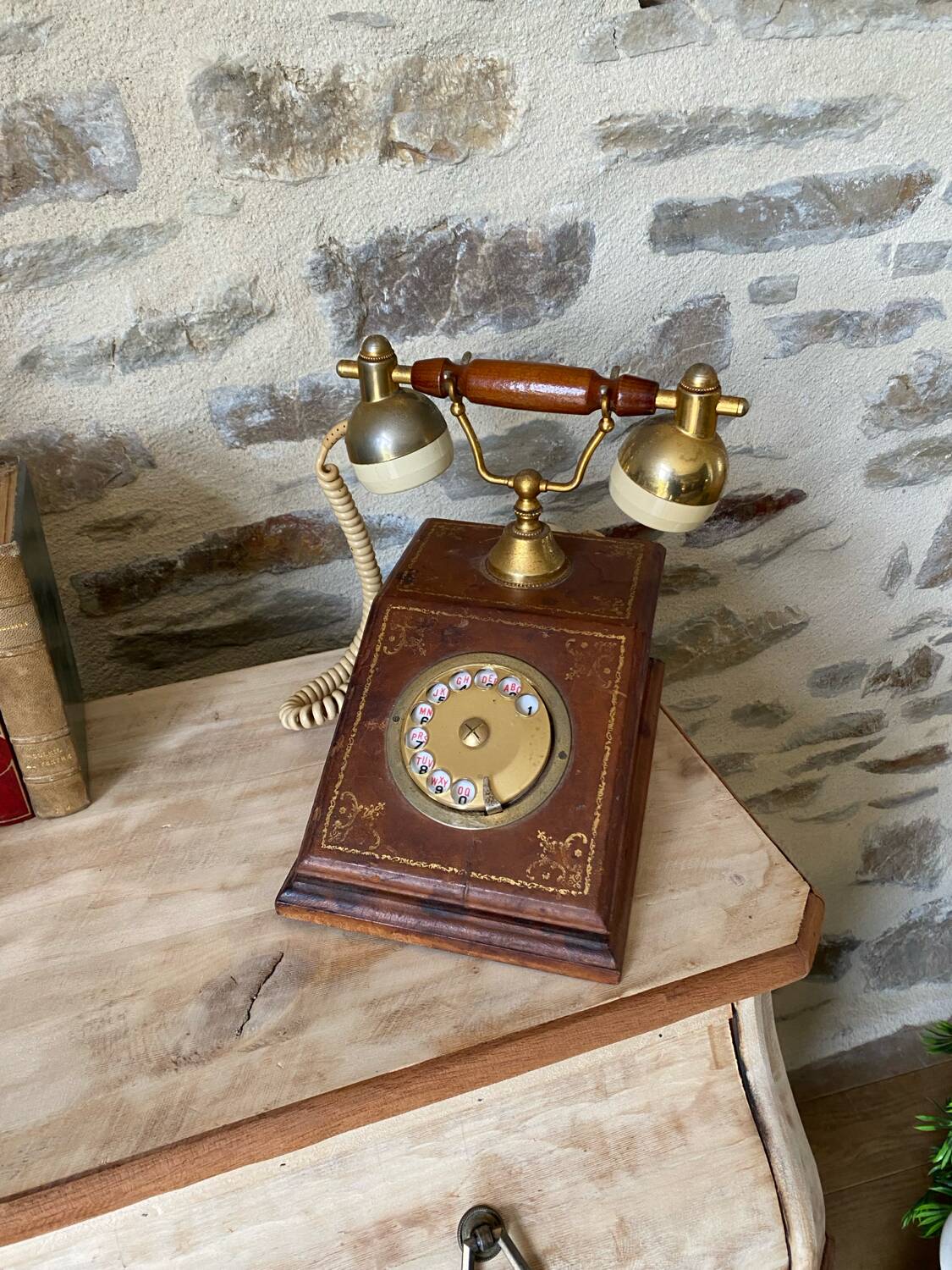 Vintage telephone leather wood brass