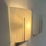 Pair of vintage wall lights, gilded brass and sandblasted glass, Italy 1970
