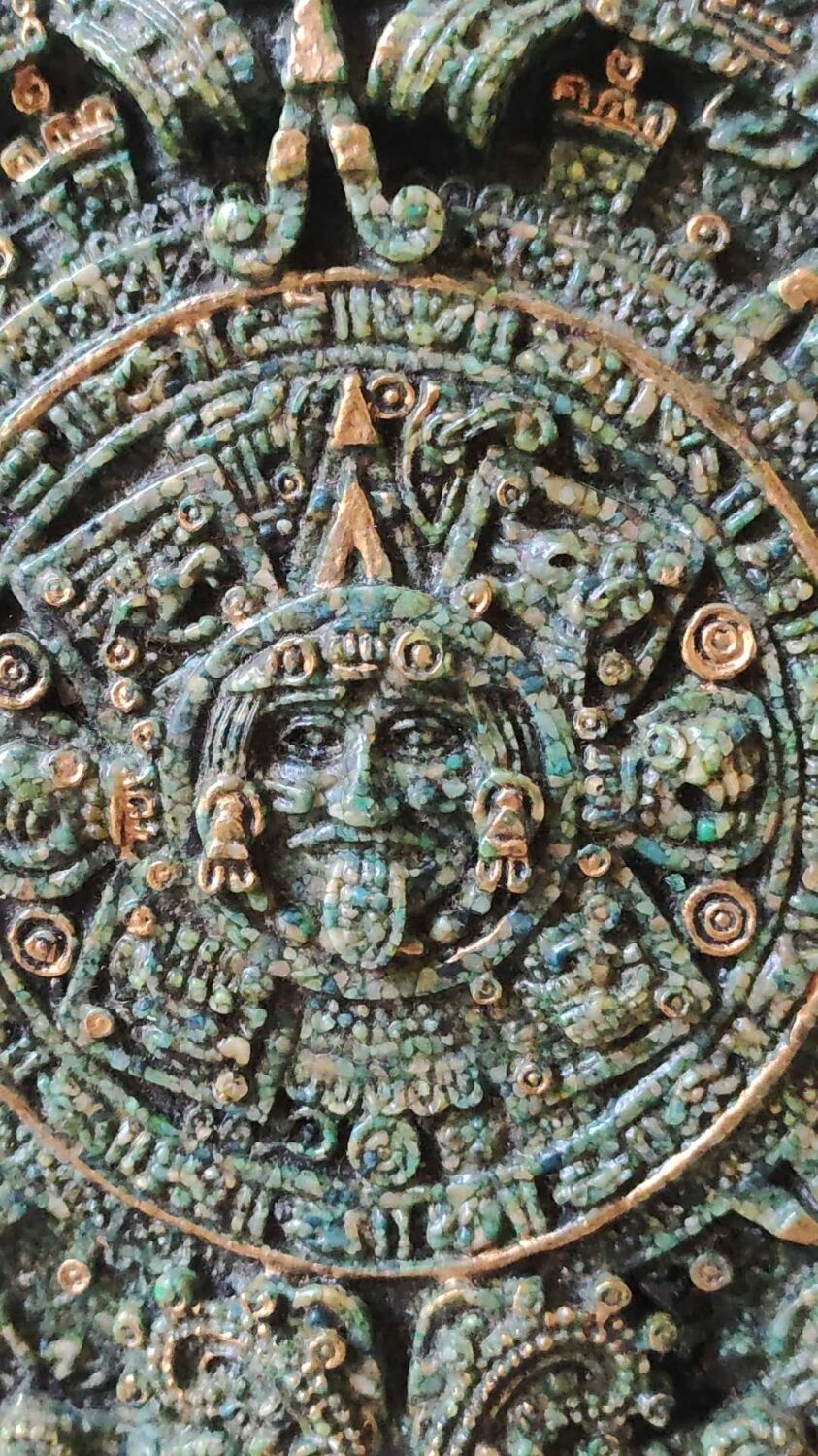 Aztec/Mayan wall solar mirror, in crushed Malachite stone, gold highlights