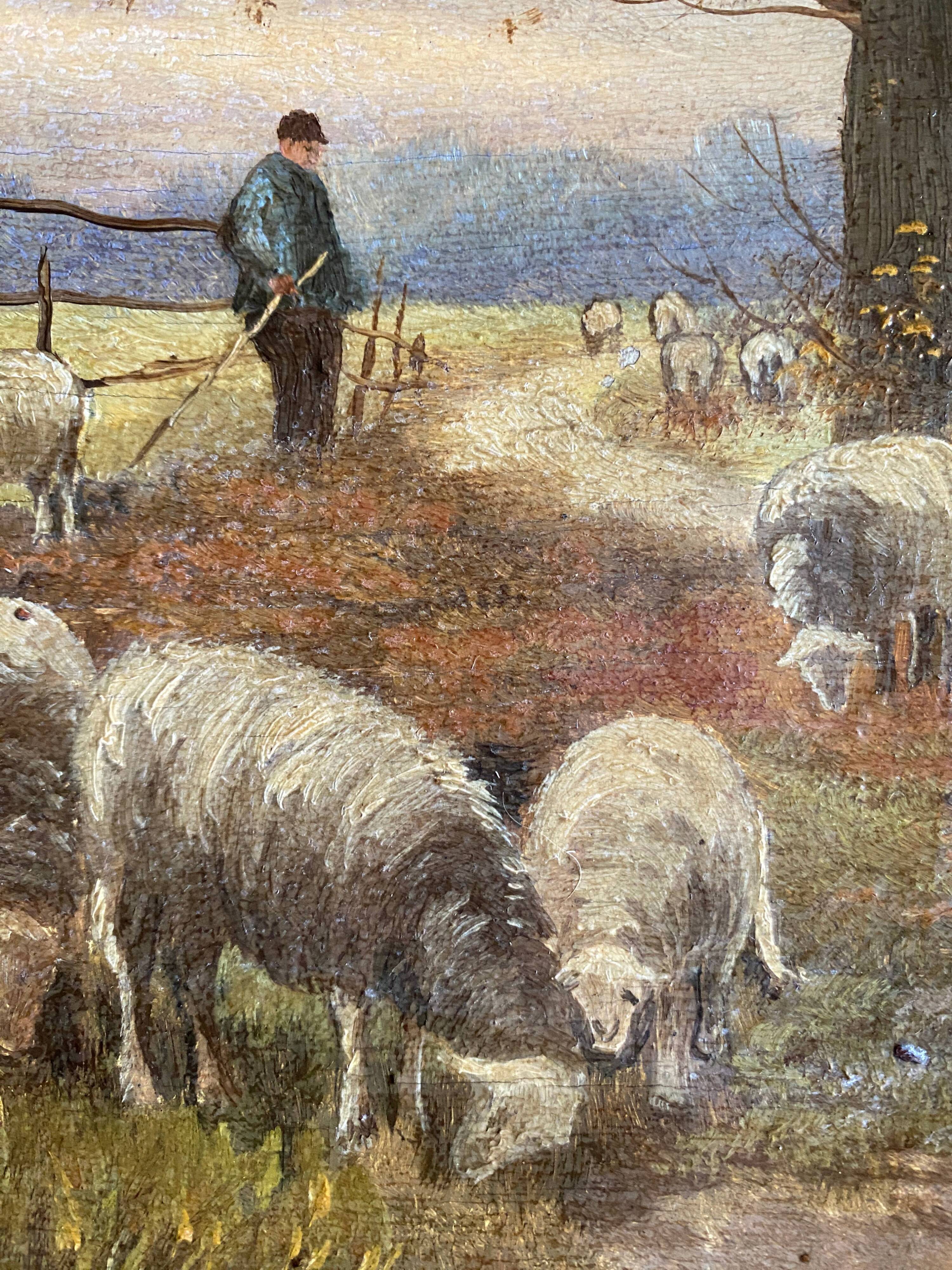 Impressionist painting "Shepherd and his sheep" 19th century signed Barbizon