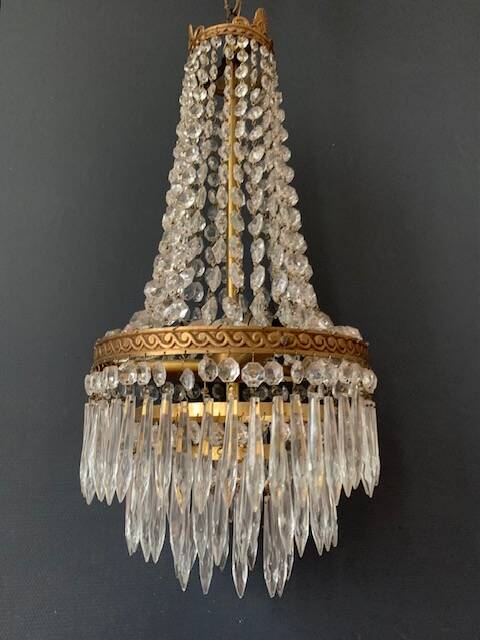 Antique hot air balloon chandelier in brass and crystal, 3 lights, 1920s