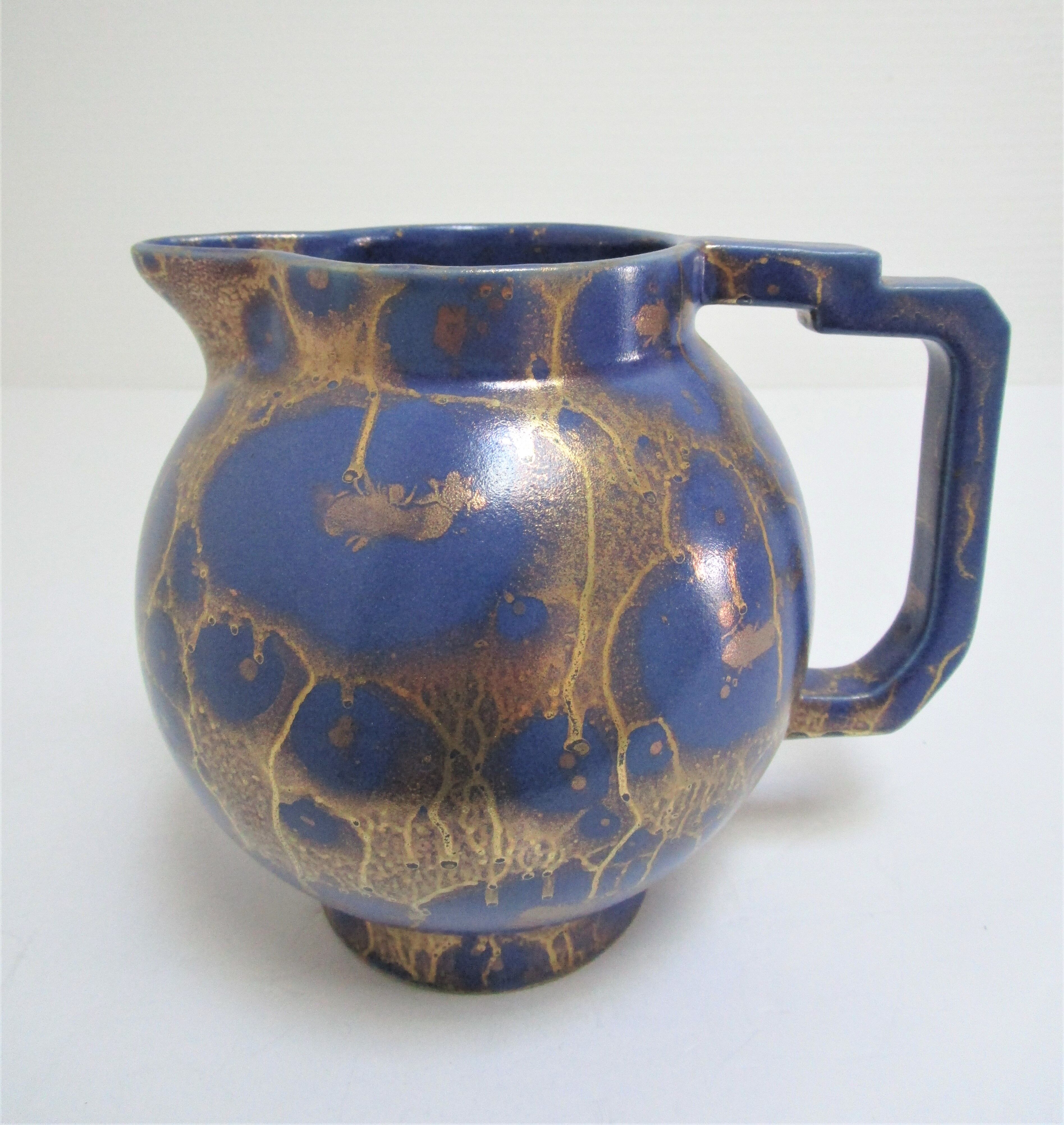 Art Deco ceramic pitcher enamel blue and gold by Lucien Brisdoux 1930s