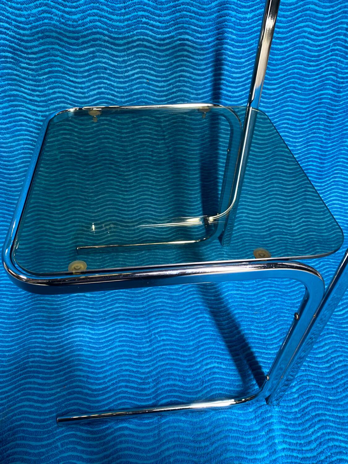 Vintage 1970s coffee table square chrome base u-shaped oval profile
