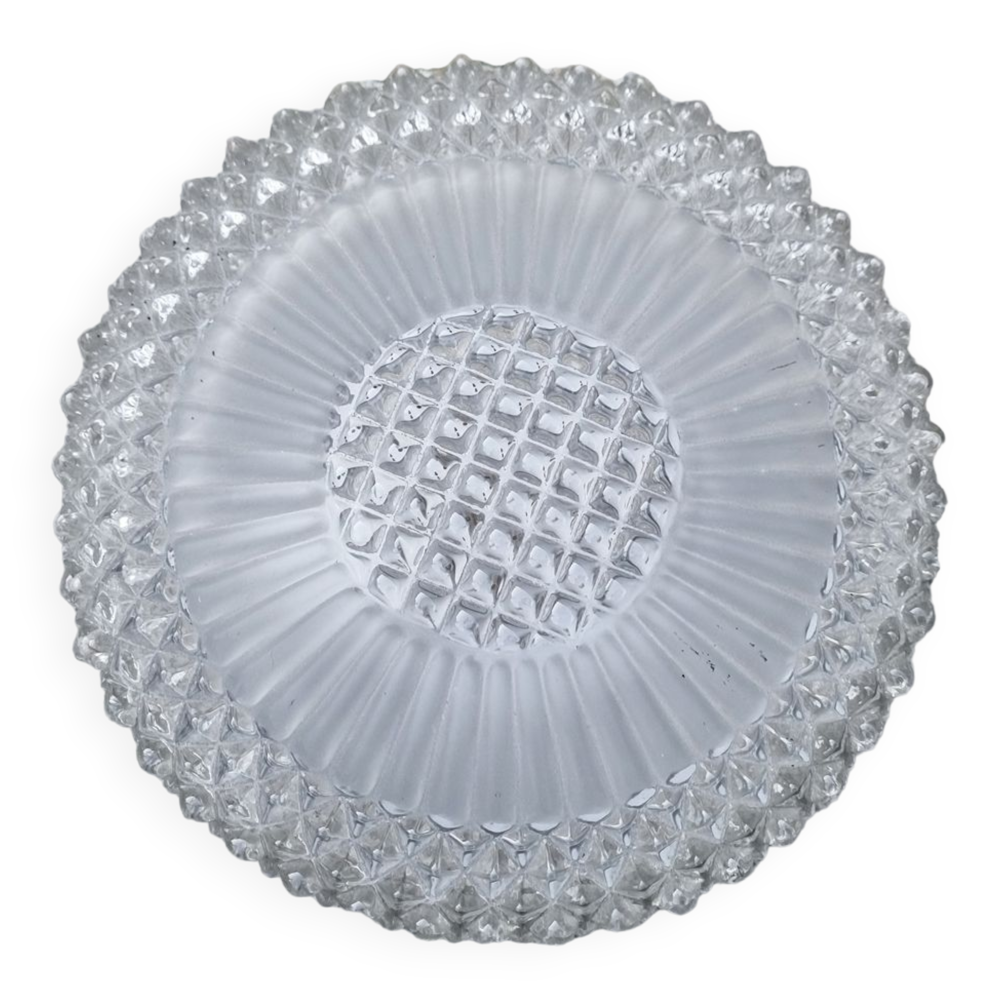 Round and high ceiling lamp, glass from the 50s, vintage.