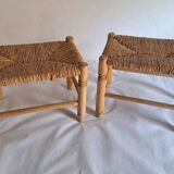 Set of 2 wood and straw stools
