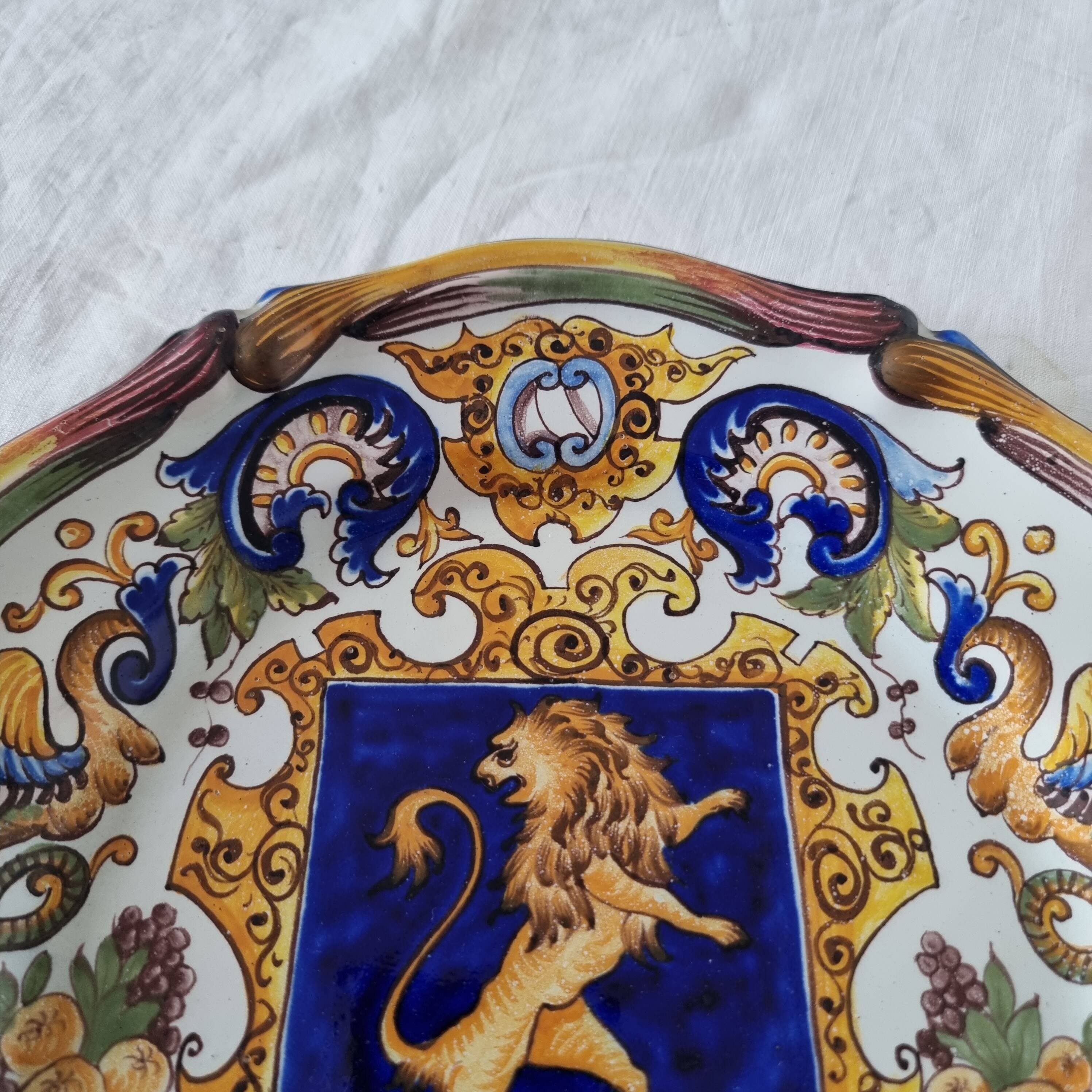 Magnificent antique French earthenware plate with shields signed Keller