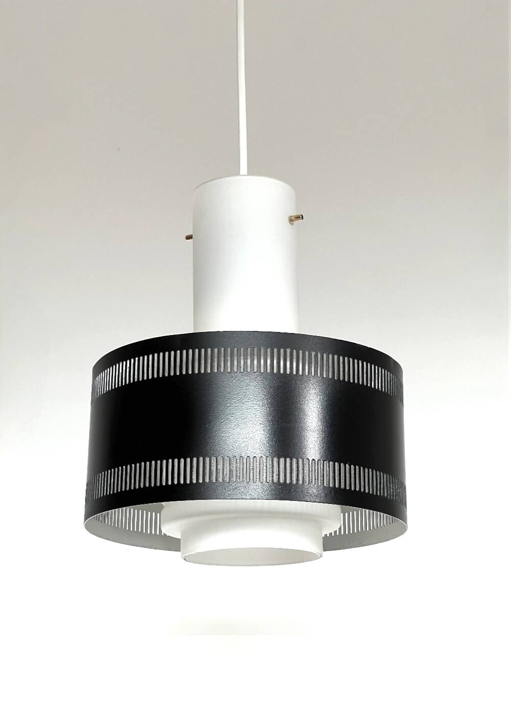 Scandinavian opaline and lacquered metal pendant light from the 50s.