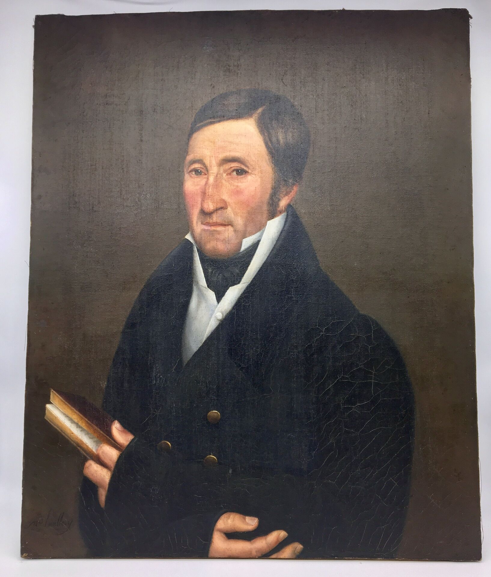 Signed painting, portrait of a gentleman with a book and an earring: 19th century