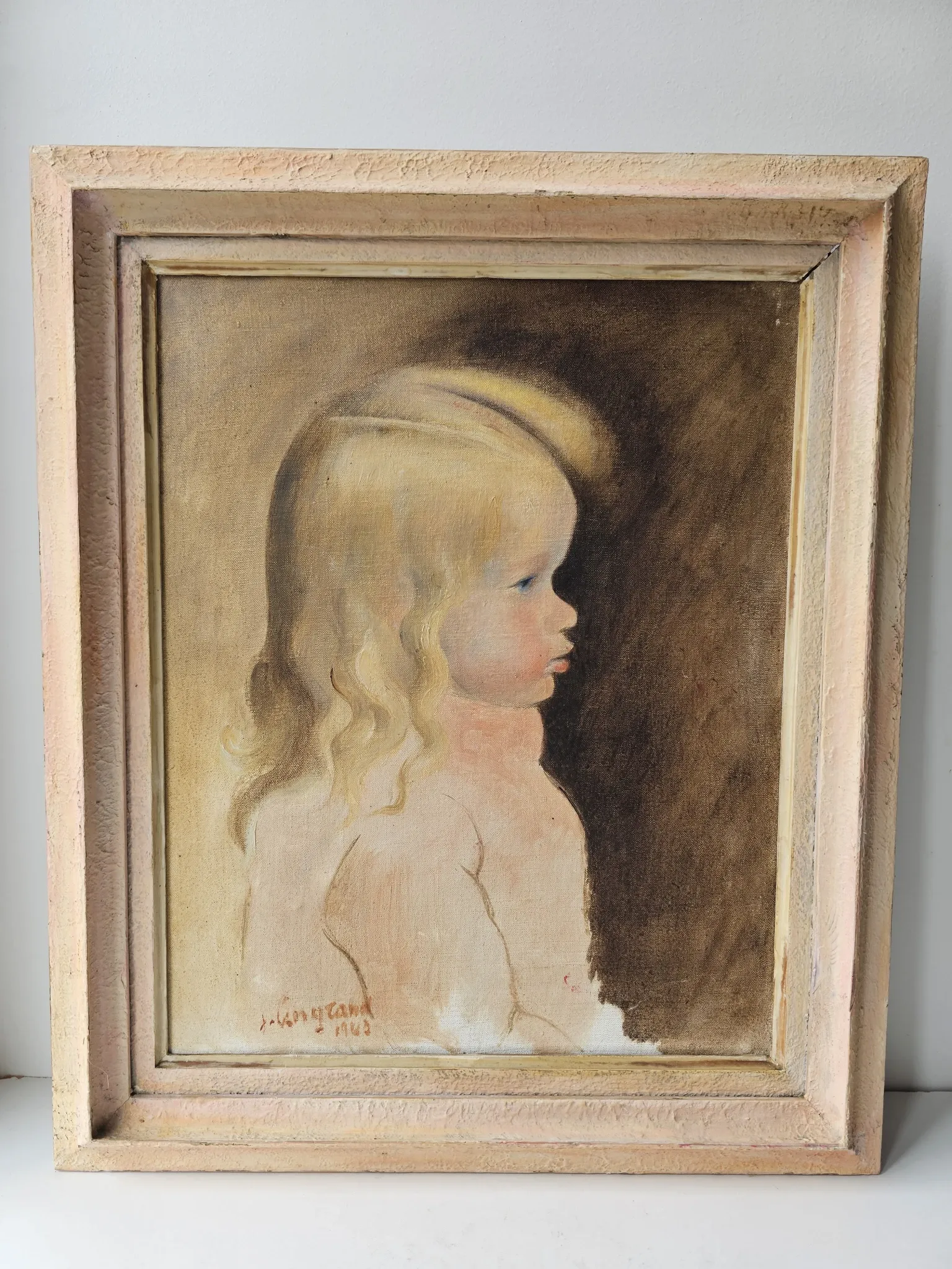 Oil on Canvas Painting of a Child - Young Girl Signed Longrand 1963