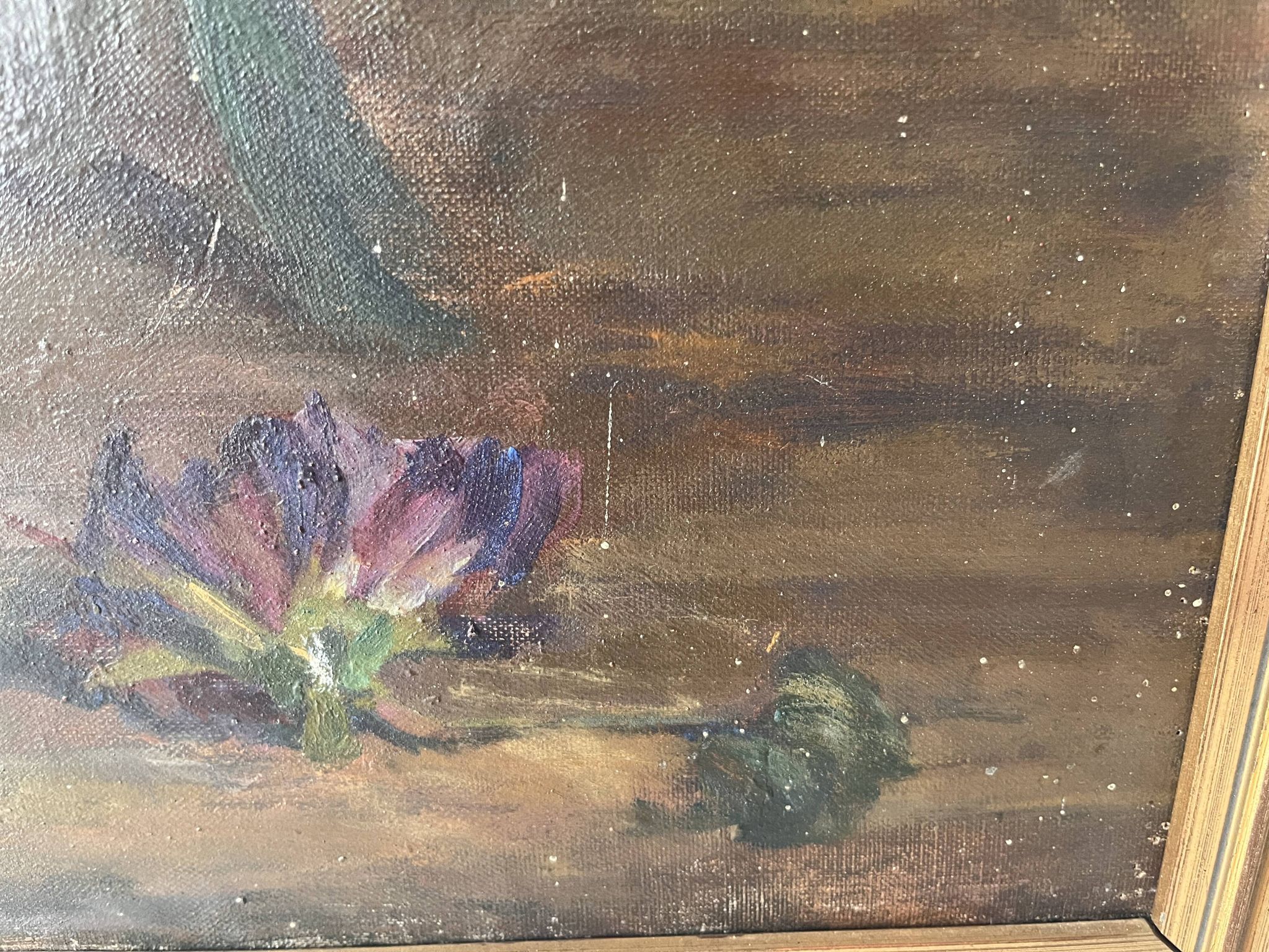 Large oil on canvas of a still life with flowers 1929, antique painting.