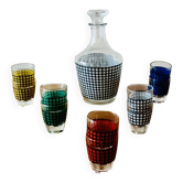 Vintage liqueur service - Cristallerie d'Arques - 1 carafe + 10 glasses - multicolored houndstooth