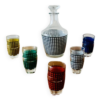 Vintage liqueur service - Cristallerie d'Arques - 1 carafe + 10 glasses - multicolored houndstooth