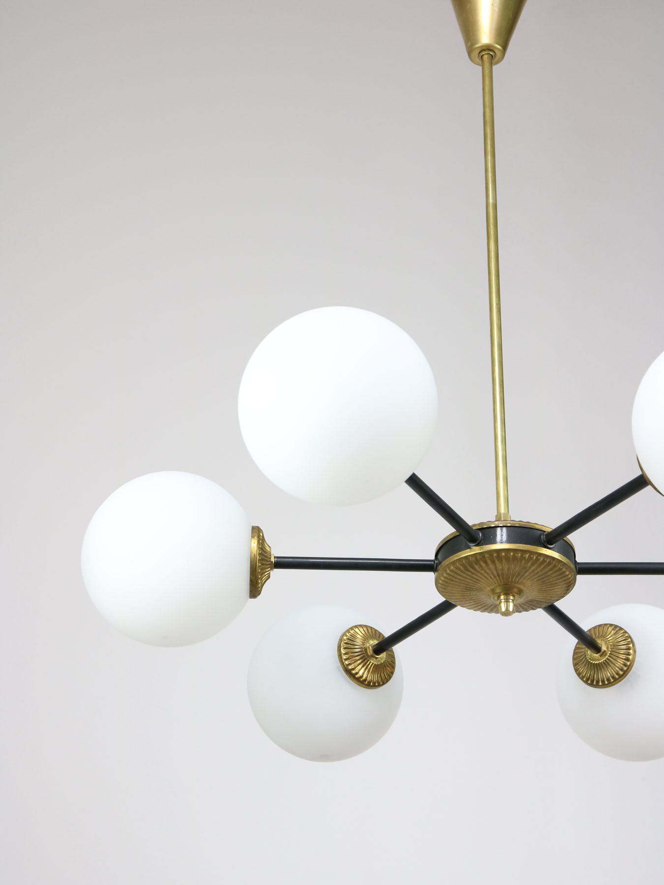 Mid-century sputnik brass and opaline glass chandelier