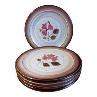 5 assiettes à dessert grès brun marron et rose, Niderviller modèle Sandra, vintage