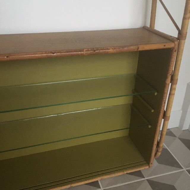 Wooden and rattan wall shelf