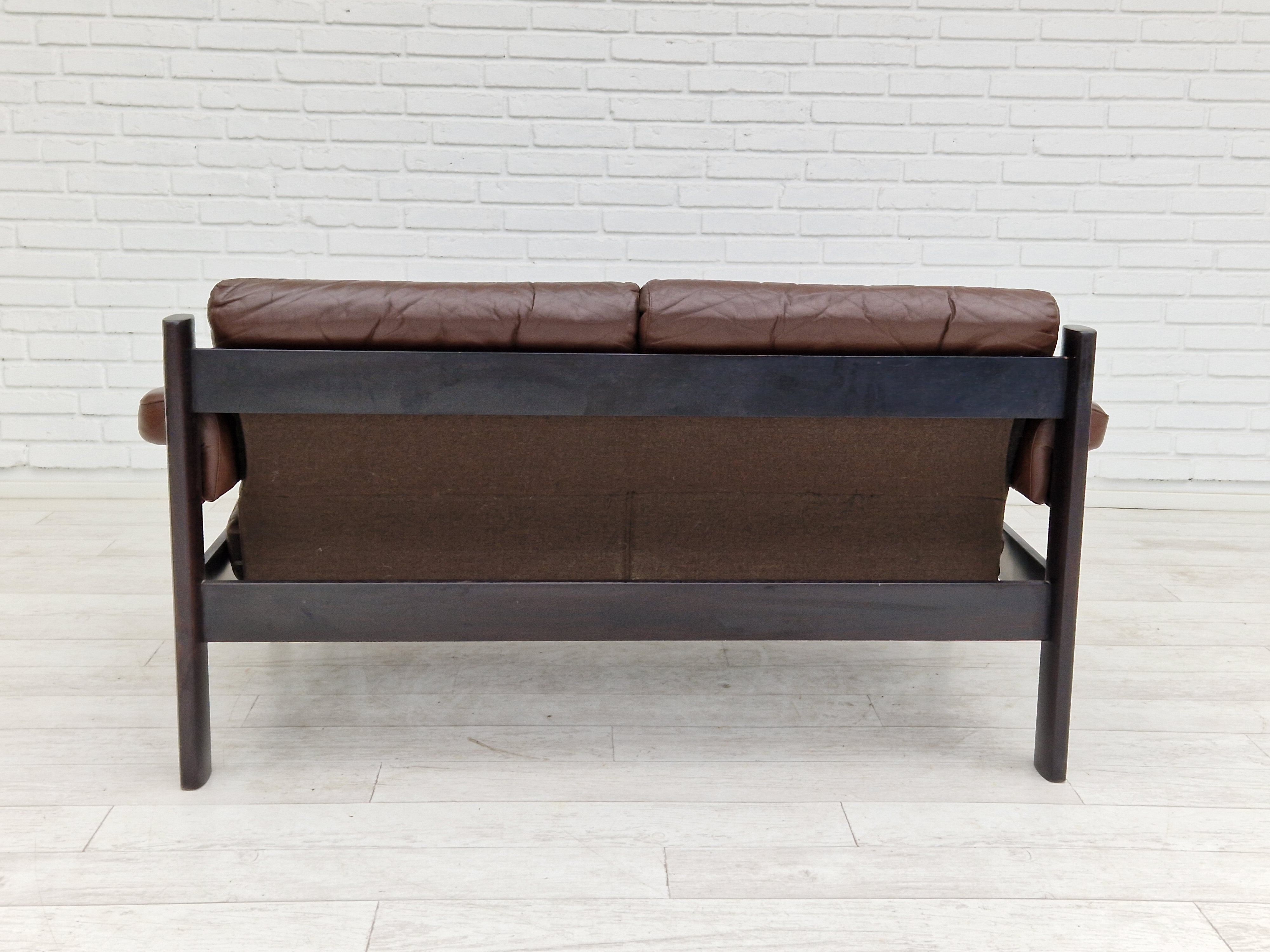 Scandinavian 2-seater sofa, original brown leather, 70s