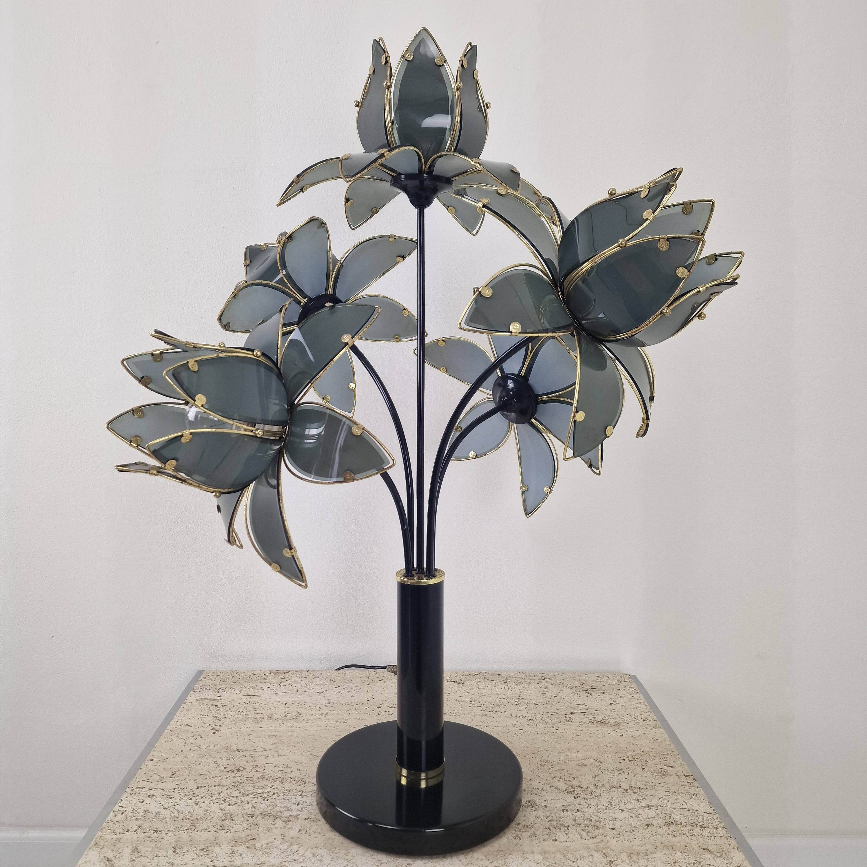 Hollywood Regency 5-Light Lotus Flower Table Lamp in Smoked Glass, 1980's