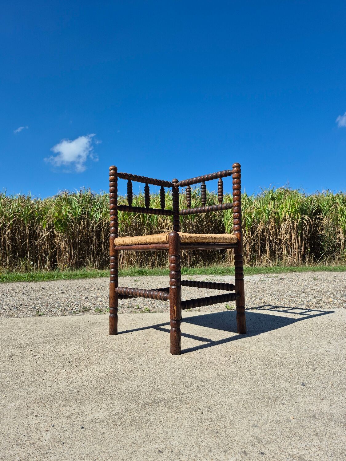 Vintage Dutch rustic corner chair bobbin turned oak with rush seating