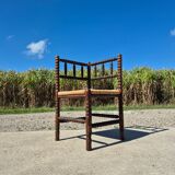 Vintage Dutch rustic corner chair bobbin turned oak with rush seating
