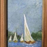 Old acrylic painting on canvas sailboats boats seaside