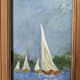 Old acrylic painting on canvas sailboats boats seaside