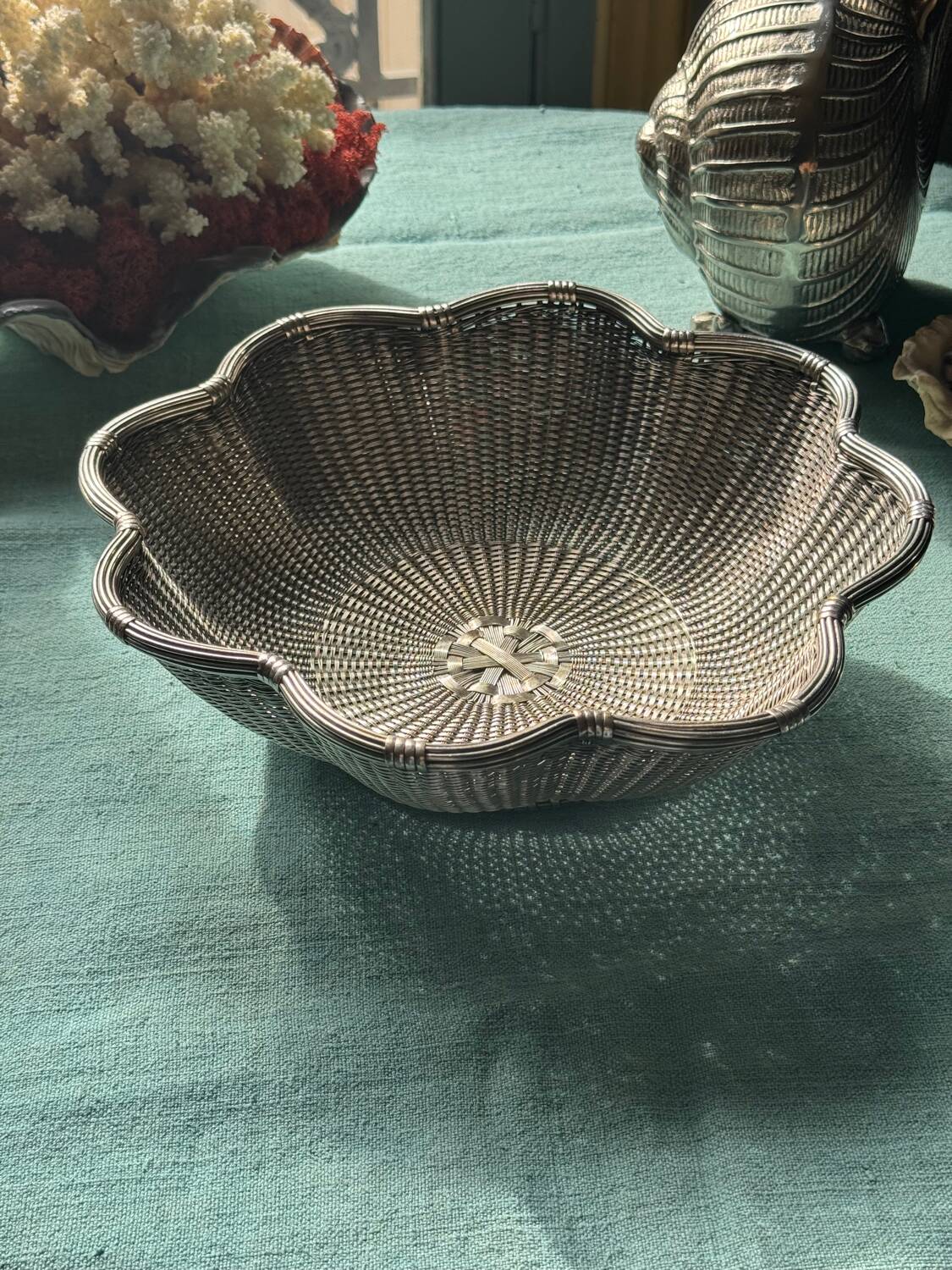 Vintage wicker basket in silver metal