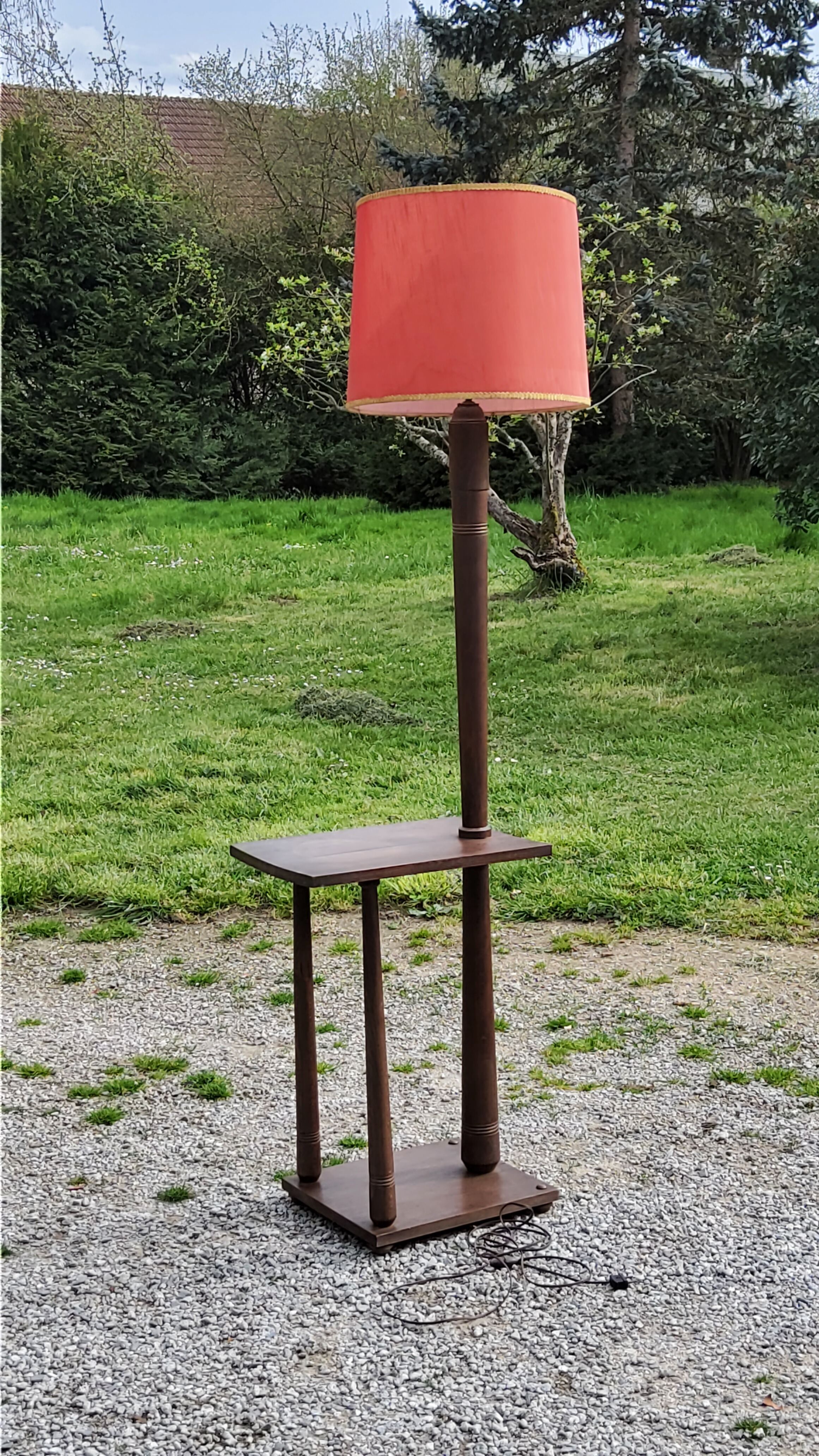 Floor lamp with shelf of the 40s/50s in beech lampshade red fabric