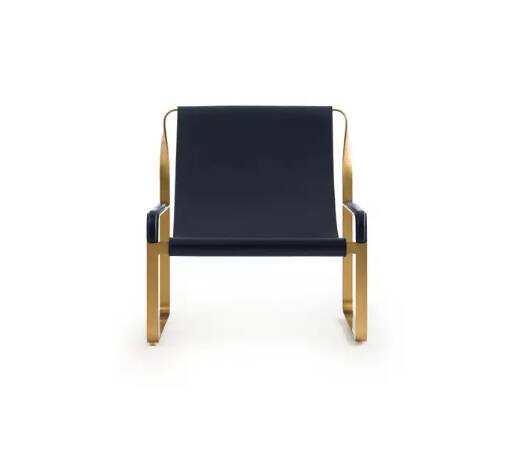 Classic Contemporary Chaise Longue in Aged Brass and Navy Blue Leather