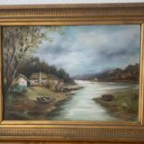 Large painting of a house by the water